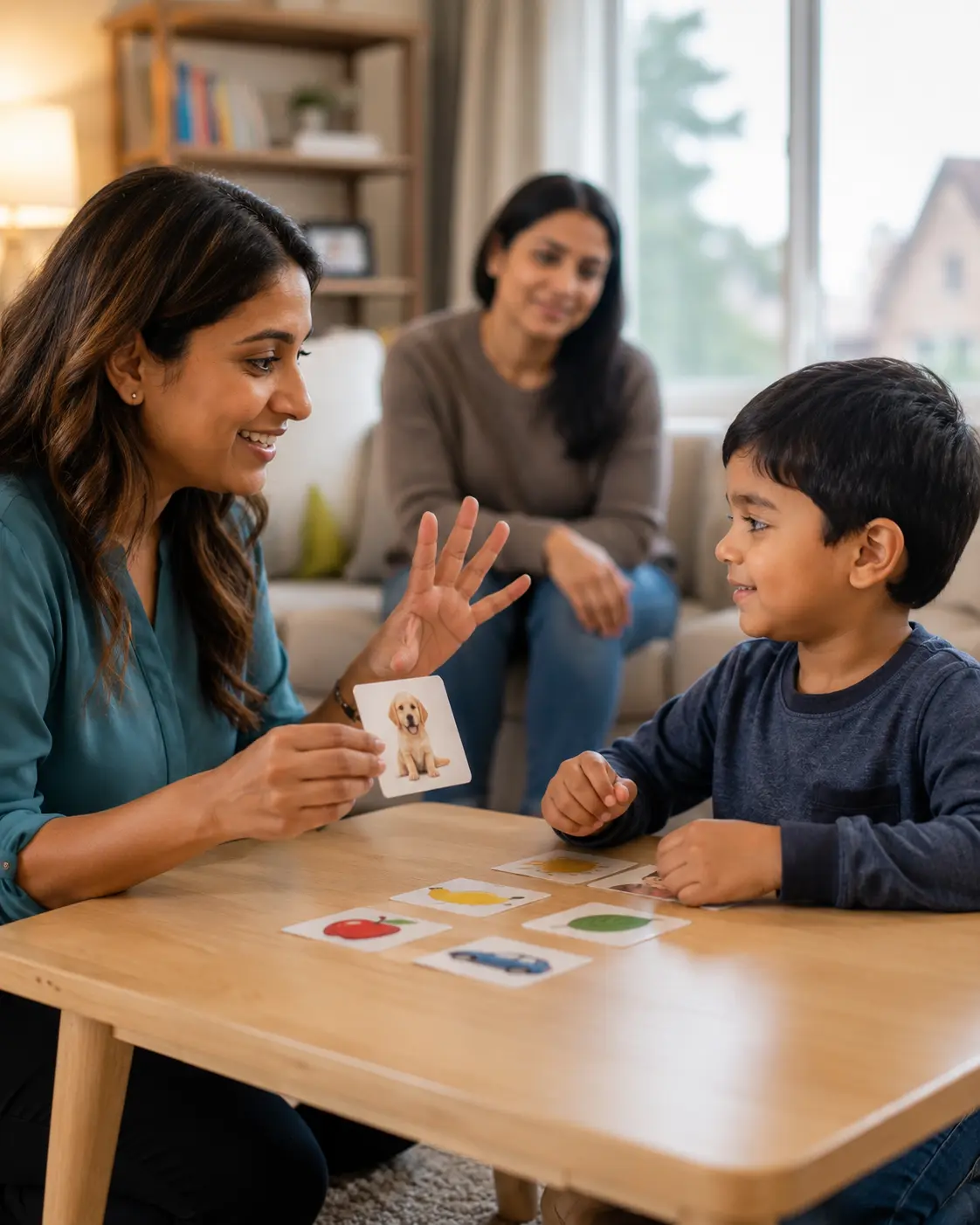 Advance Academy BCBA therapist using picture cards during home-based ABA therapy session with a child with autism and parent in Canada