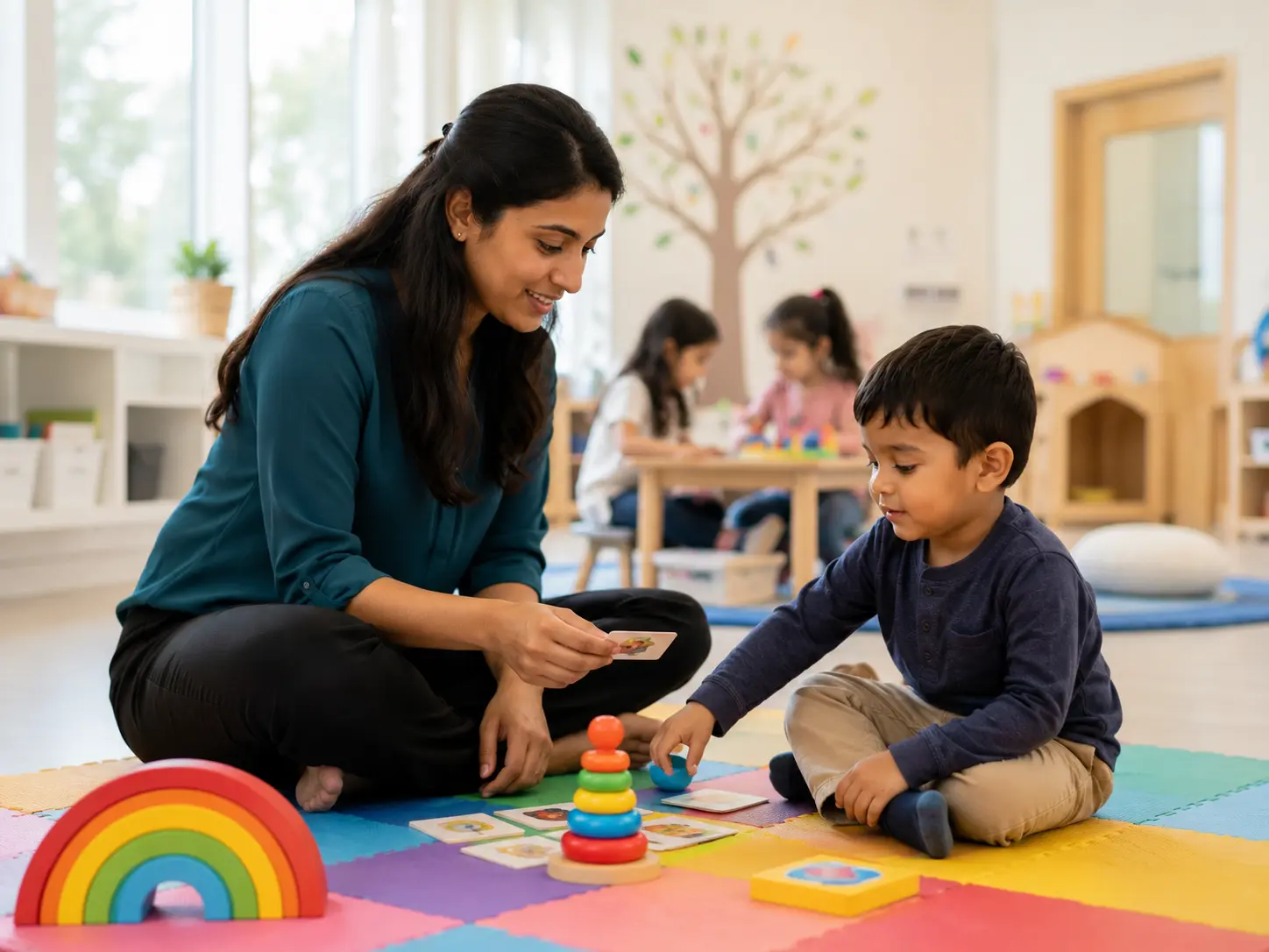 BCBA therapist providing ABA therapy at daycare with a child with autism in Ontario Canada