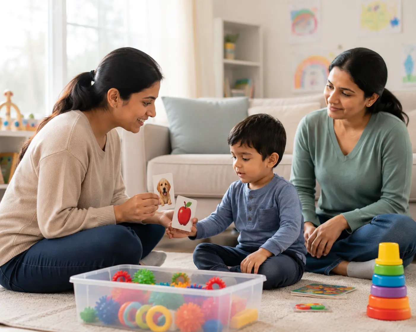 Young child with autism receiving early intervention ABA therapy with BCBA therapist and parent in Canada