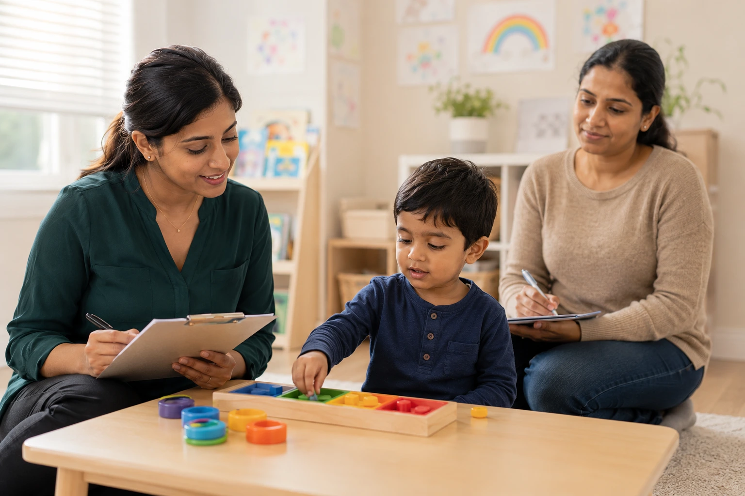 BCBA therapist conducting autism assessment with child and parent present in a therapy room in Ontario Canada