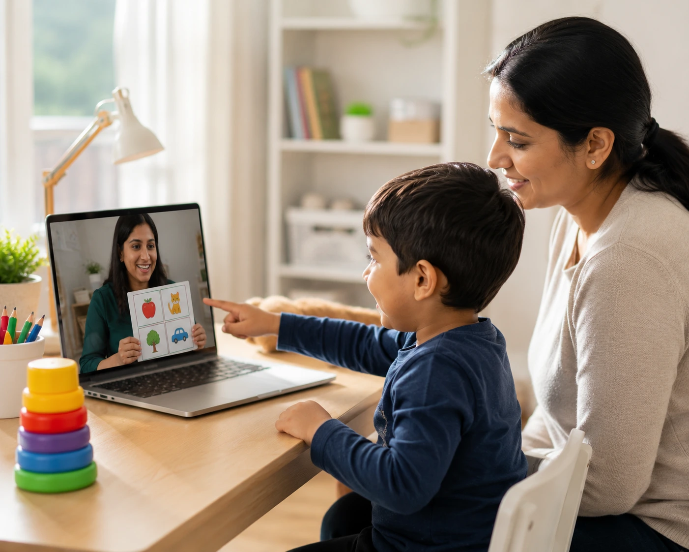 Child with autism participating in virtual ABA therapy session on laptop with BCBA therapist in Canada