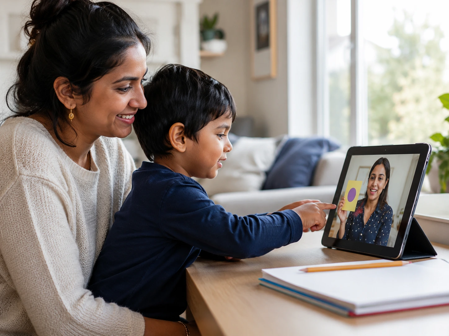 Parent and child participating in online ABA therapy session on tablet with BCBA therapist in Canada