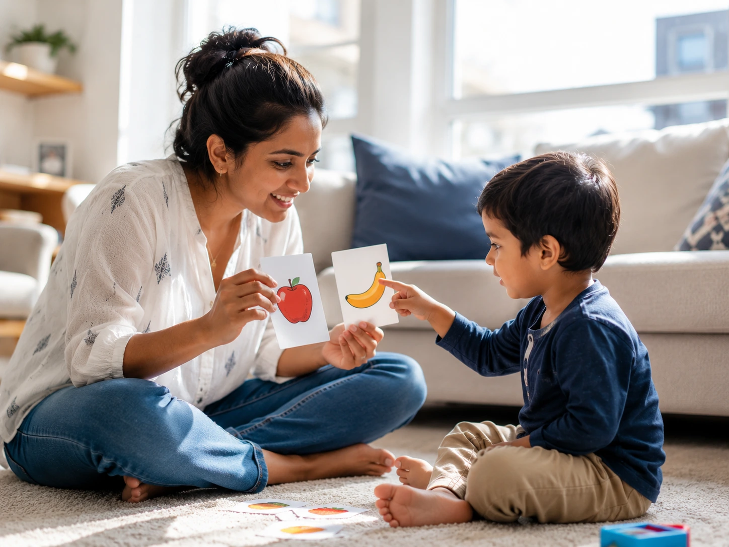 Mother implementing ABA parent coaching strategies with her child with autism at home in Canada