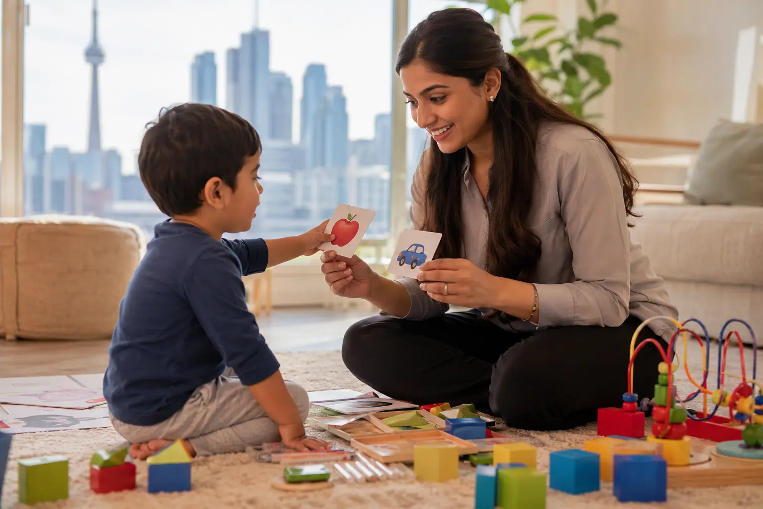 ABA therapy in Toronto BCBA therapist working with child with autism at home in Ontario Canada