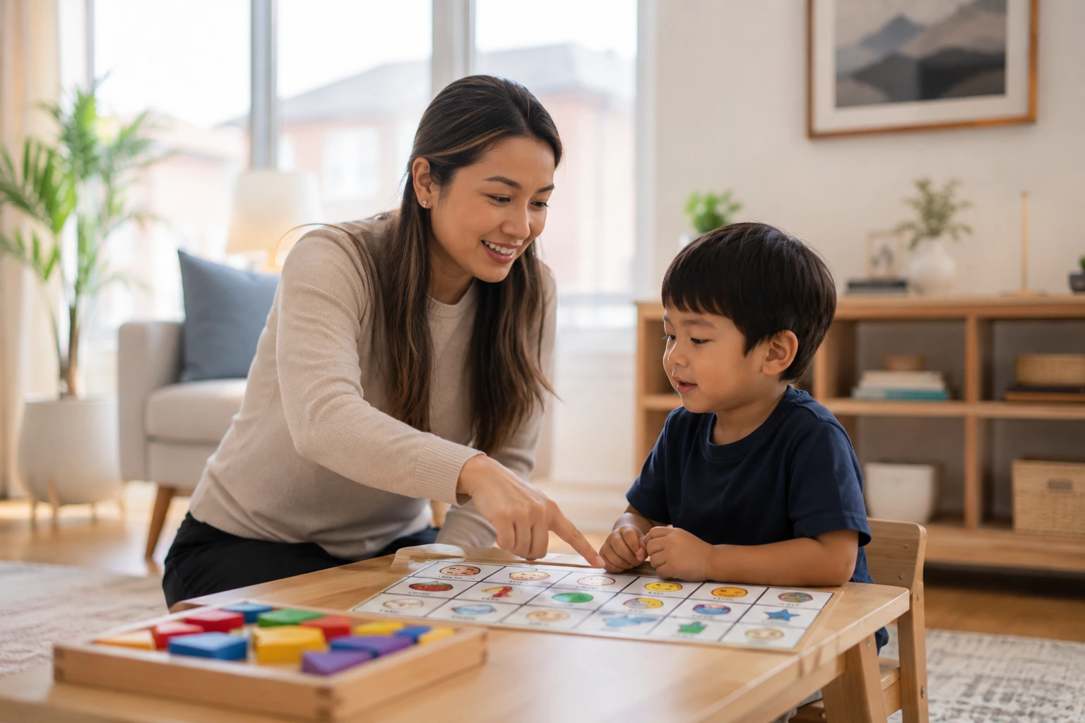 ABA therapy in Markham BCBA therapist working with child with autism using communication board at home in Ontario Canada