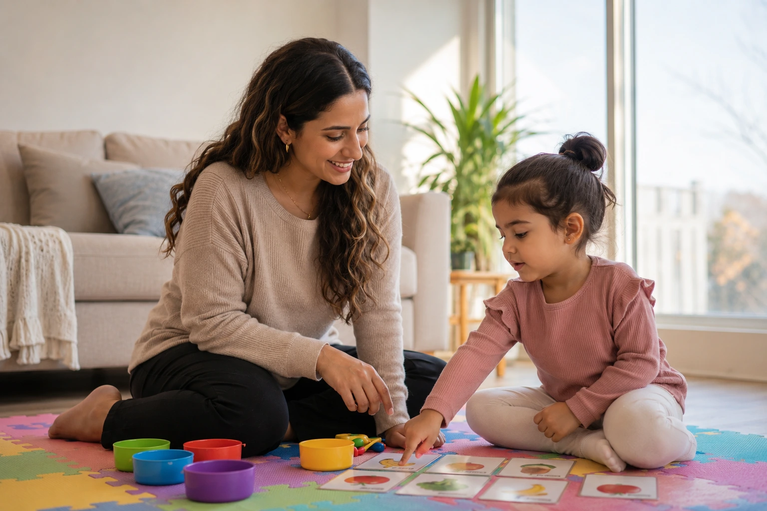 ABA therapy in Windsor BCBA therapist working with child with autism on play mat at home in Ontario Canada