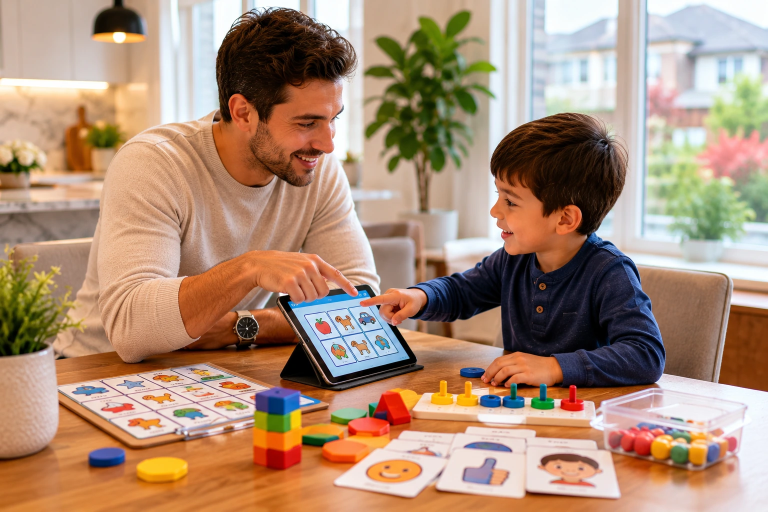 ABA therapy in Vaughan BCBA therapist working with child with autism using tablet and learning materials at home in Ontario Canada
