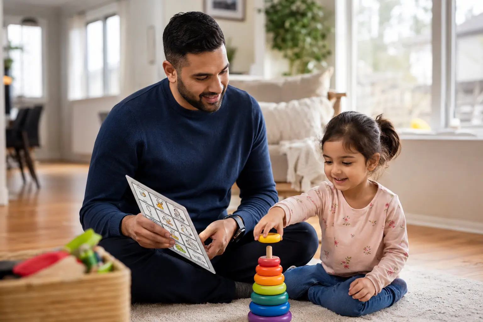 ABA therapy in Kitchener BCBA therapist working with child with autism using visual schedule and toys at home in Ontario Canada