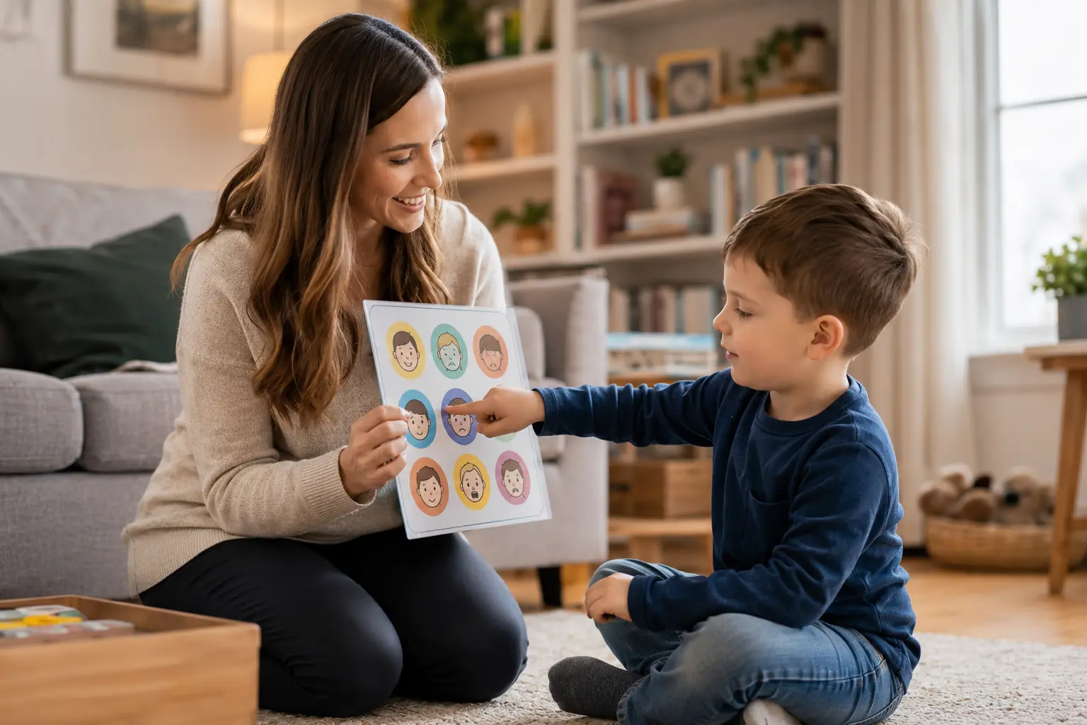 ABA Therapy in London Ontario - Advance Academy BCBA-Certified Provider ABA therapy in London Ontario BCBA therapist using picture cards with child with autism at home in Ontario Canada