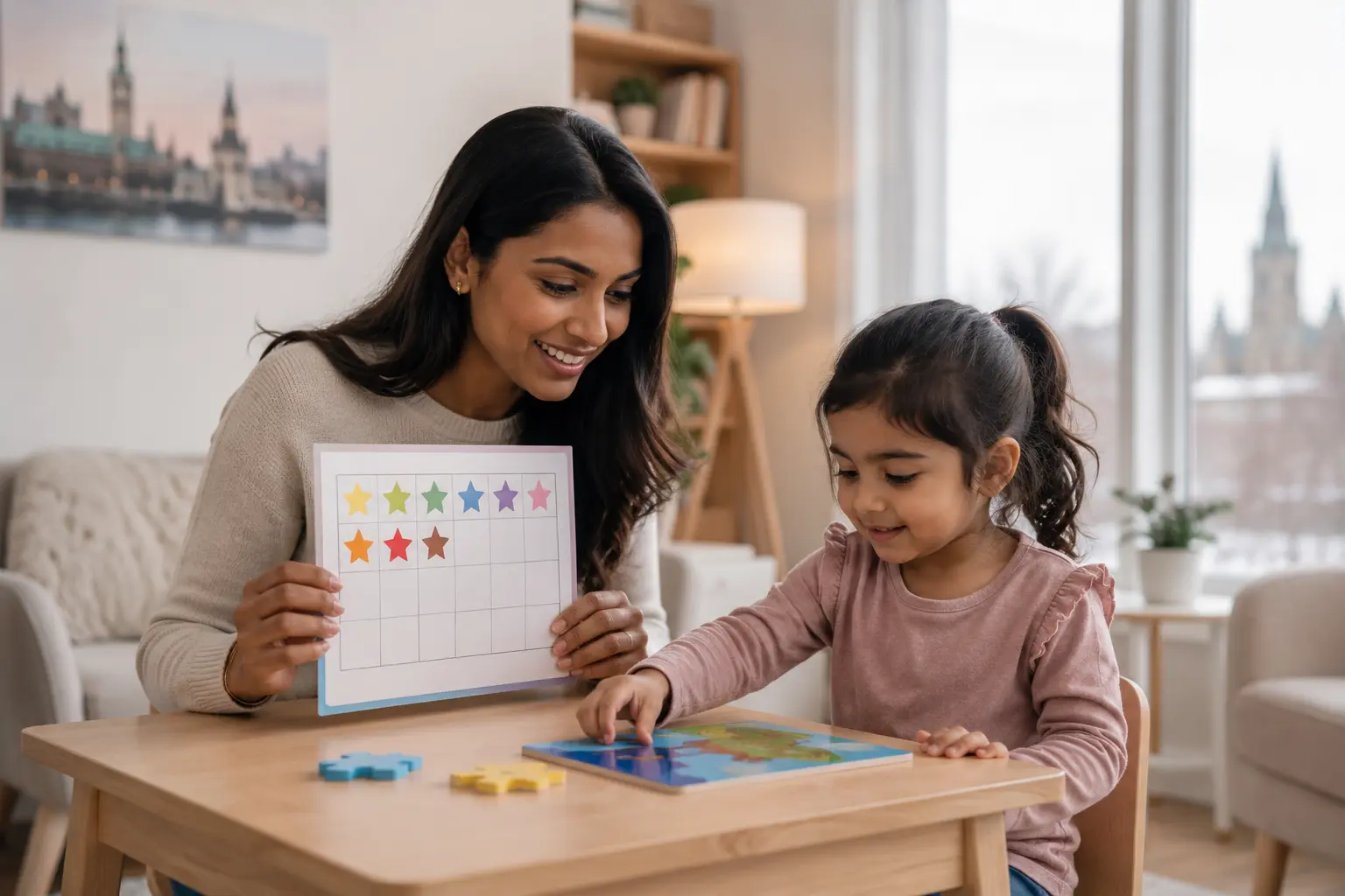 ABA therapy in Ottawa BCBA therapist working with child with autism using puzzle and reward chart at home in Ontario Canada