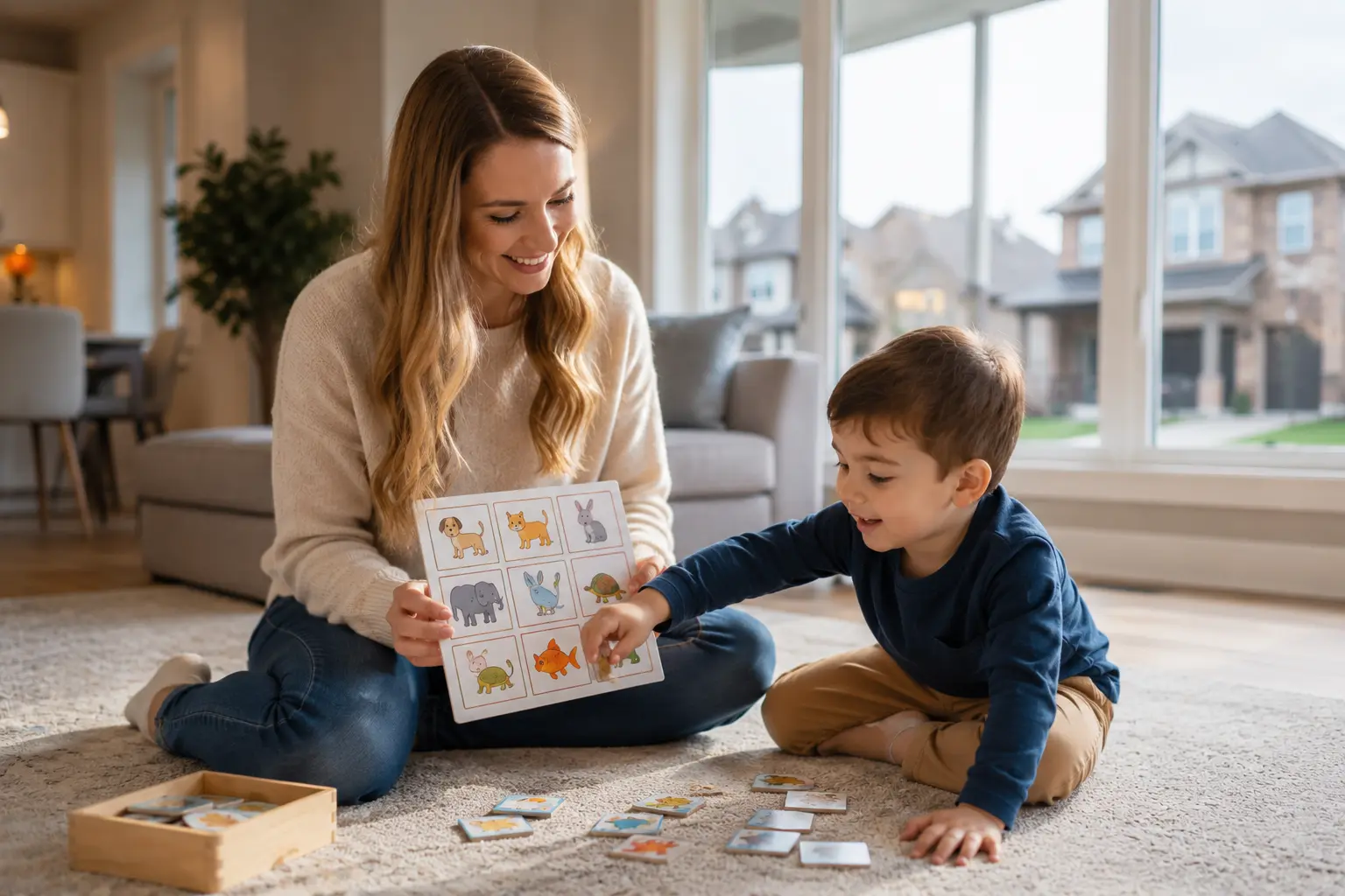ABA therapy in Milton BCBA therapist working with child with autism using matching game at home in Ontario Canada