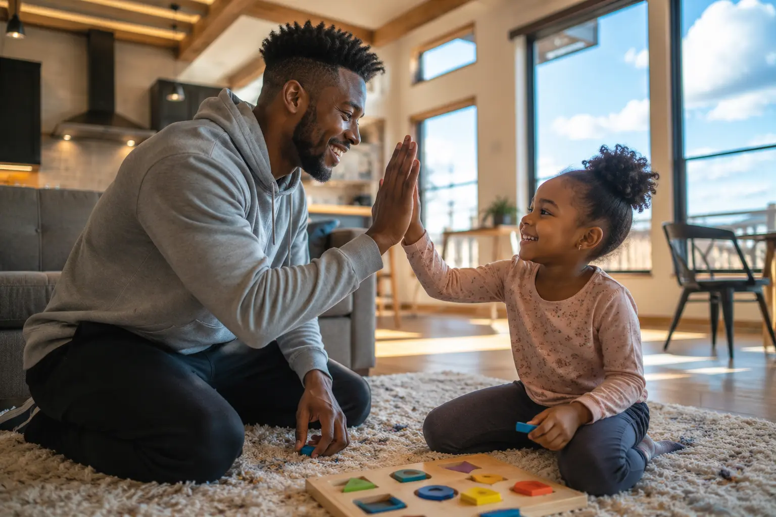 ABA therapy in Calgary therapist high-fiving child with autism after completing puzzle at home in Alberta Canada