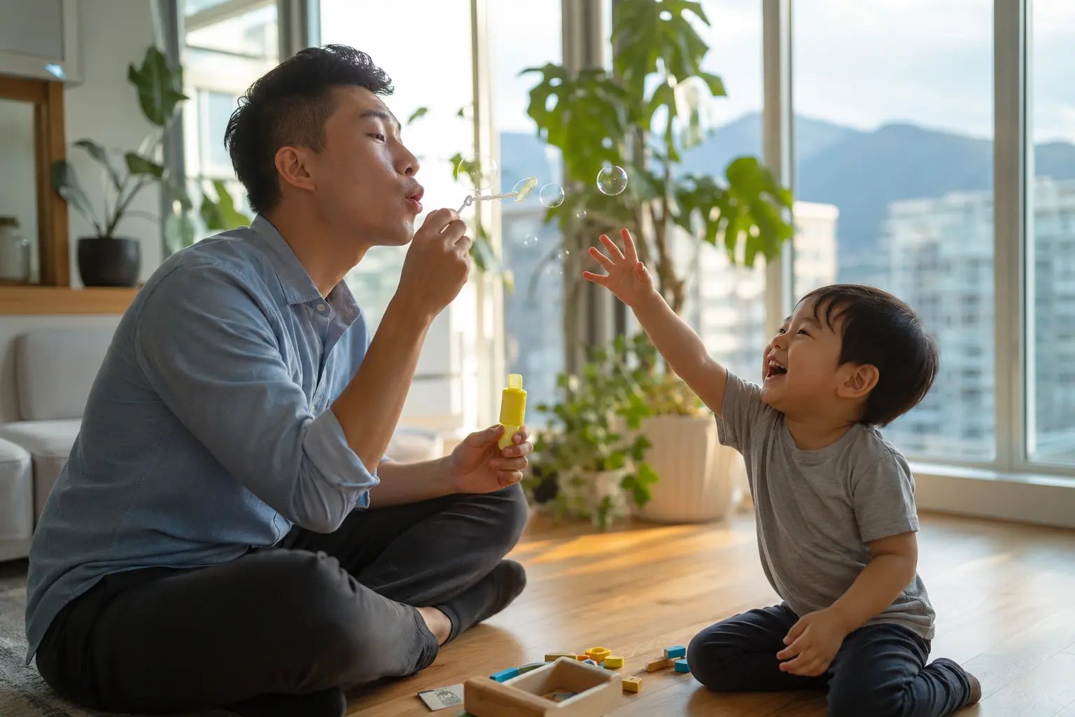 ABA therapy in Vancouver therapist doing bubble activity with toddler with autism at home in British Columbia Canada