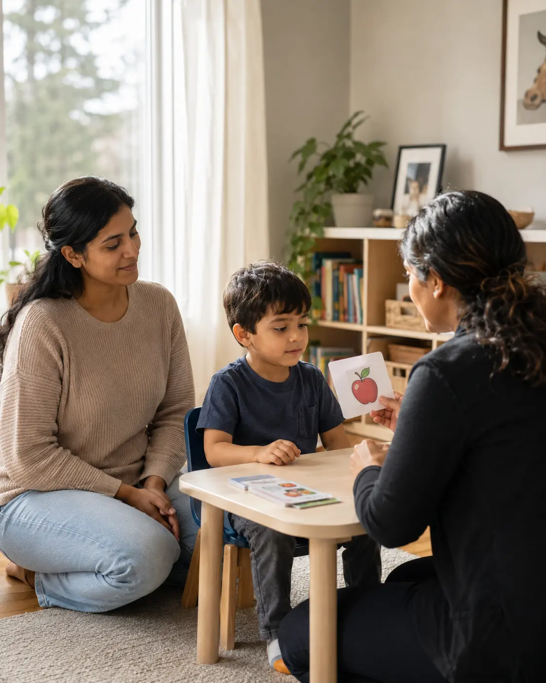 Advance Academy ABA therapy session showing a BCBA therapist working with a child with autism and their family in Mississauga Ontario