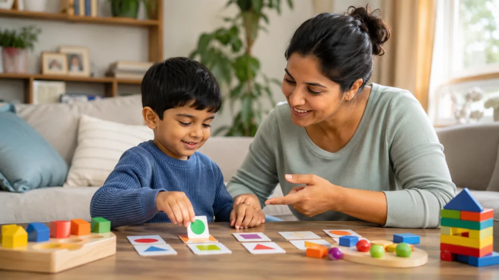 Parent and child practicing ABA therapy activities at home with educational toys and matching cards