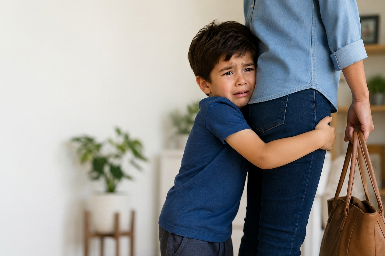 Autistic child experiencing separation anxiety while saying goodbye to a parent.
