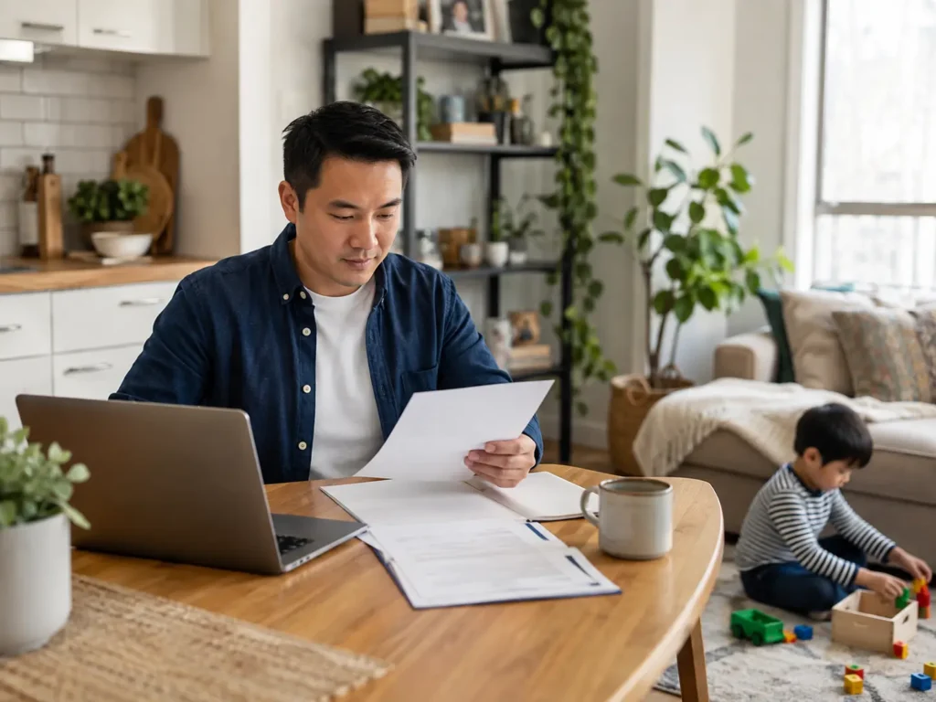 Parent reviewing paperwork with child playing nearby, Ontario Autism Program funding guide