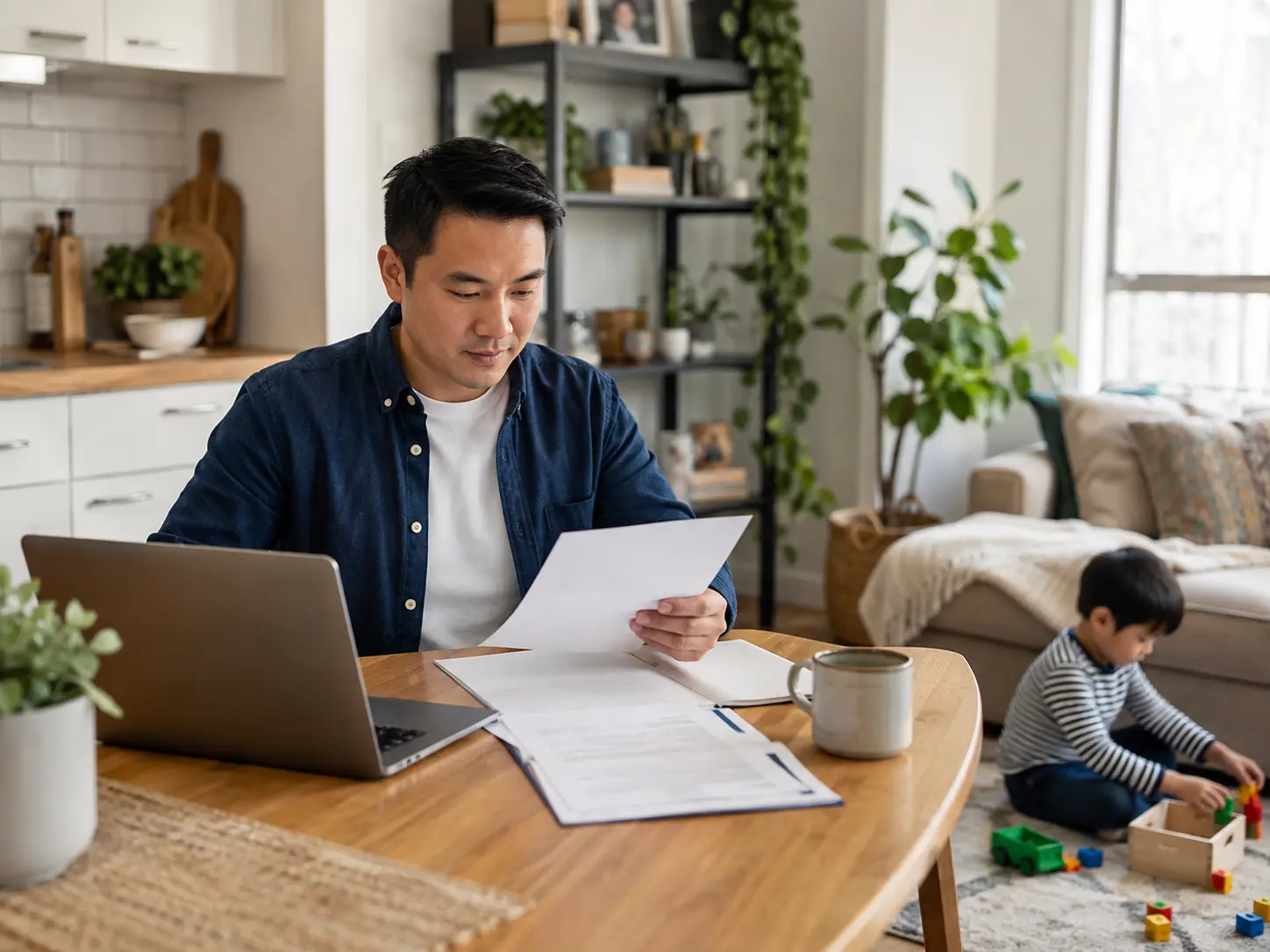 Parent reviewing paperwork with child playing nearby, Ontario Autism Program funding guide