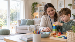 Autism occupational therapist helping a child develop fine motor and everyday living skills at home
