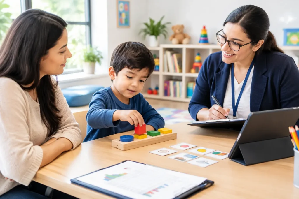 Behavior analyst observing a child during a behavioral assessment while discussing a personalized support plan with a parent.