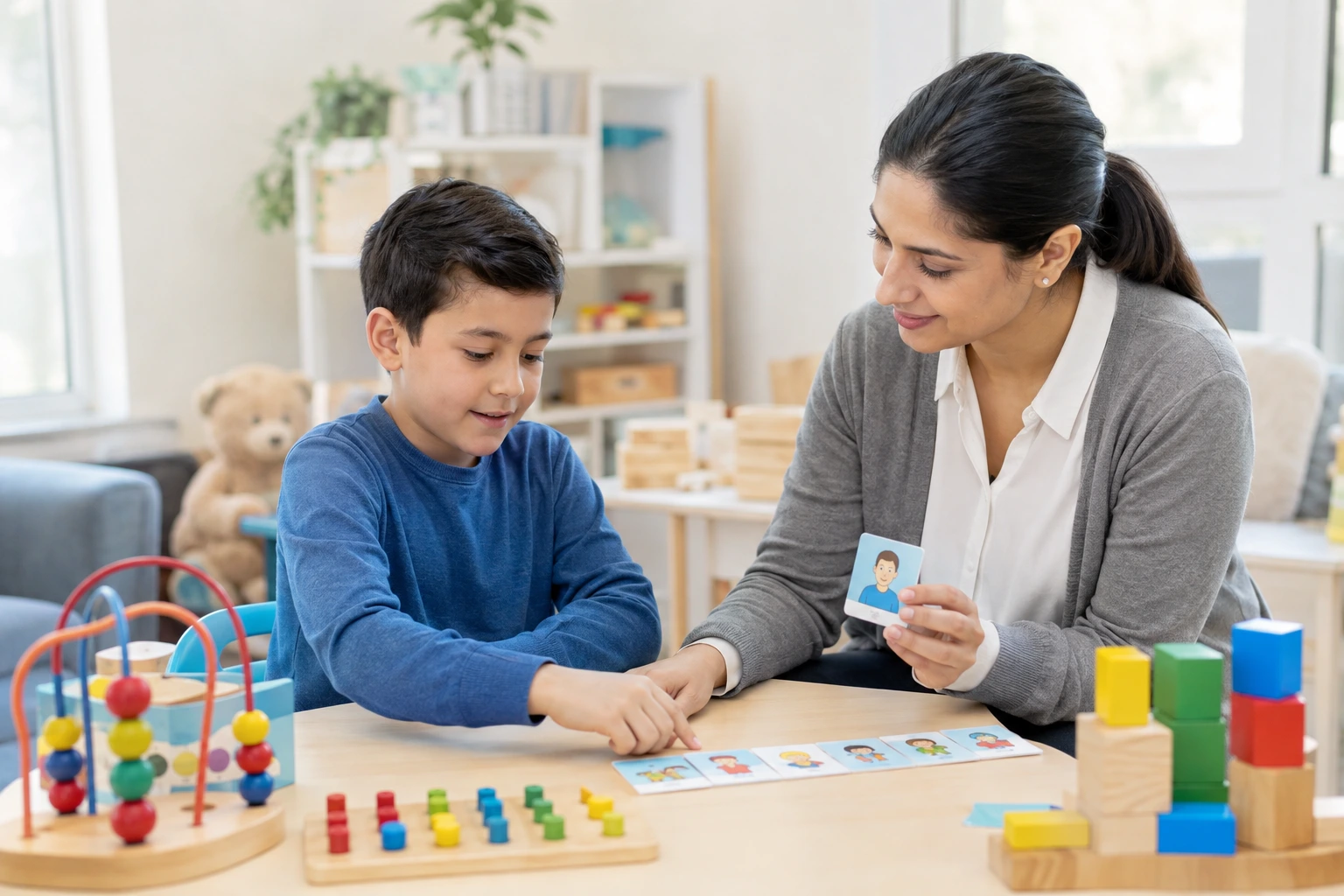 Child participating in behavioral intervention activities with an autism therapy professional